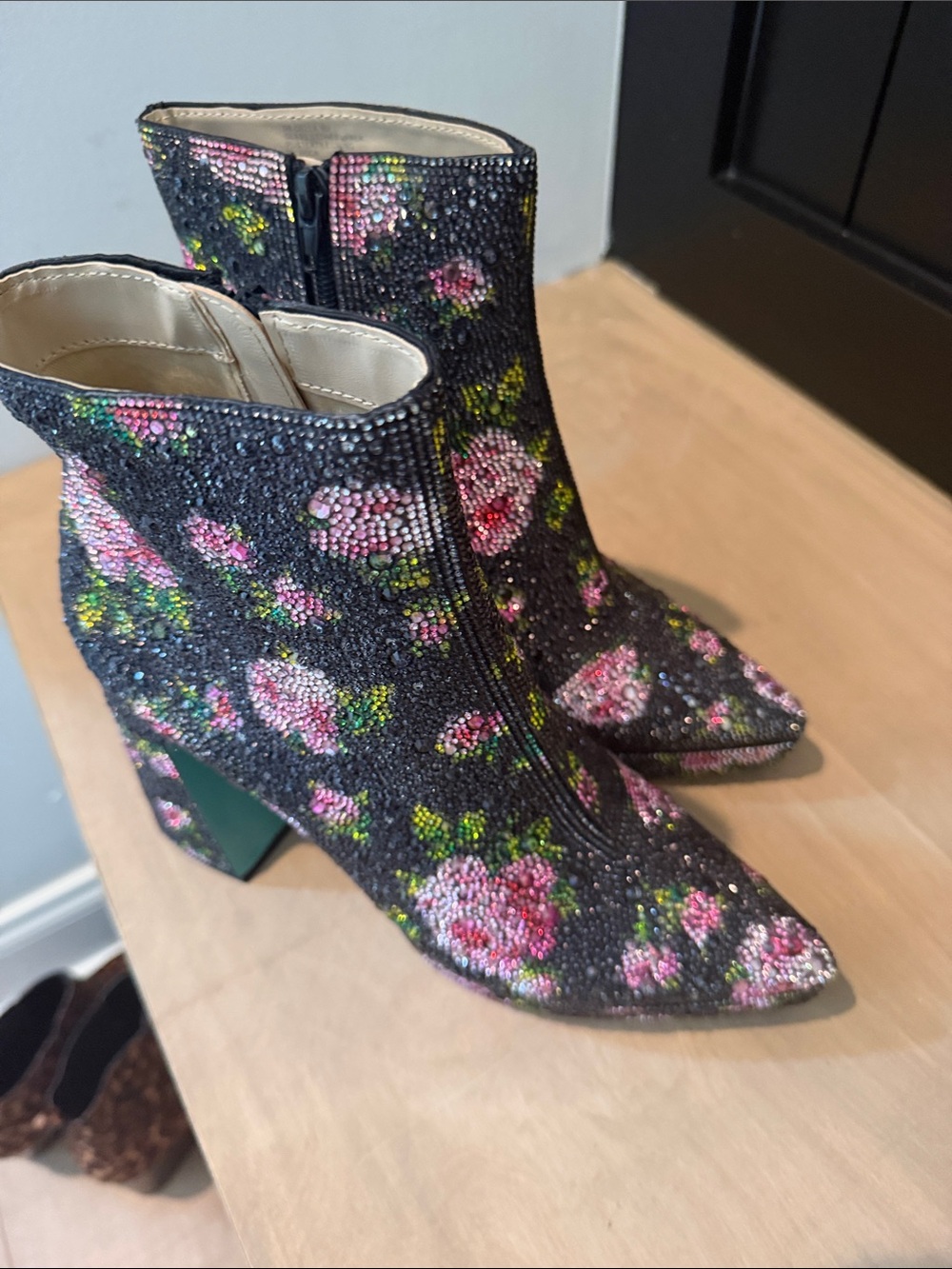Betsey Johnson Black Crystal Floral Ankle Boots with Pink and Green Accents